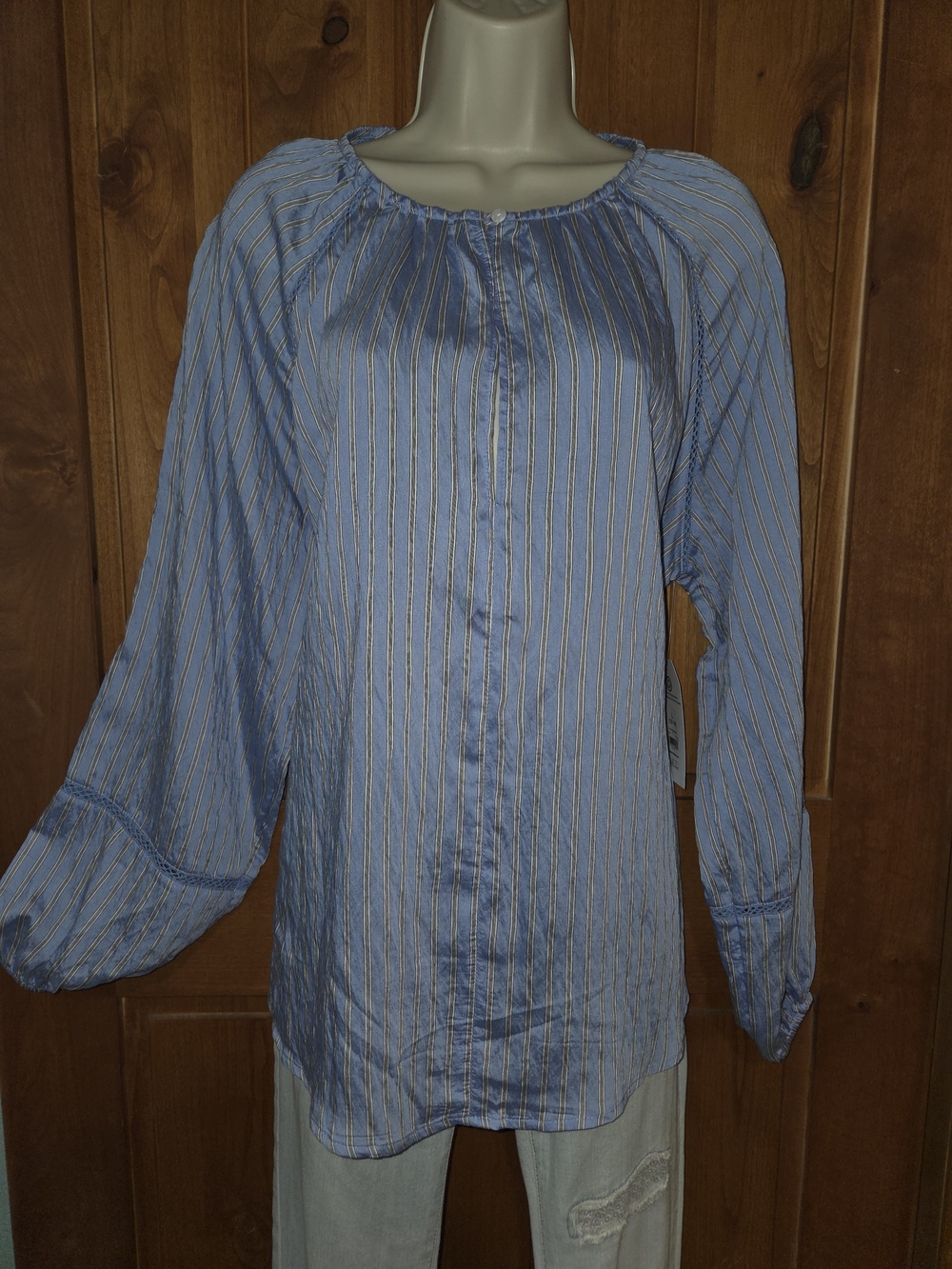 Time and Tru Blue‎ and White Striped Peasant Blouse